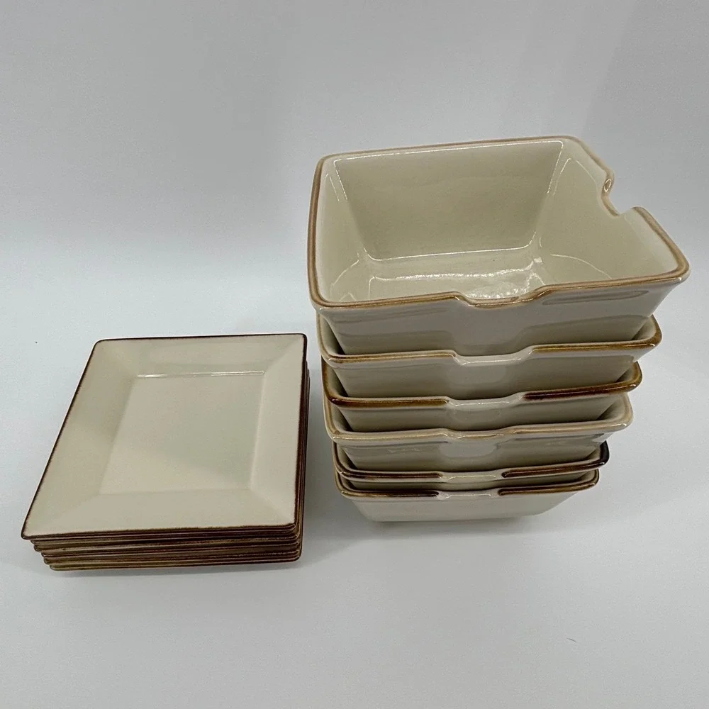 Pottery Barn Asian Square 12pc Set 6 Noodle Bowls 6 Plates Putty Brown Rim Japan